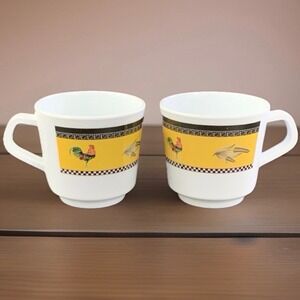 Gourmet Design Rooster Melamine Coffee Mugs Yellow White Farmhouse Cups Set/2